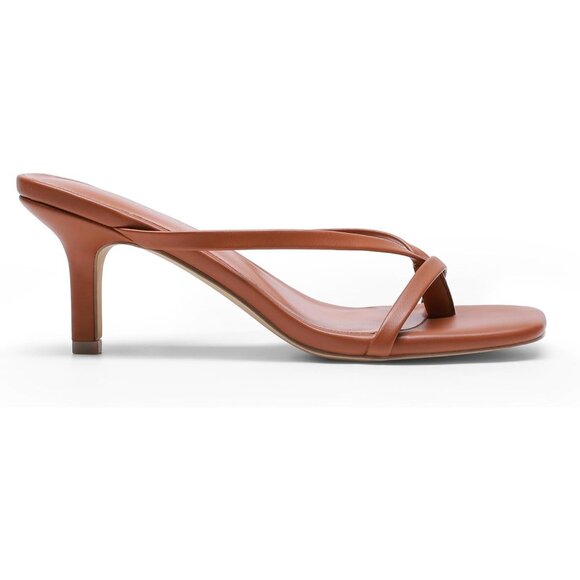 Dream Pairs Women Brown Faux Leather Open Square Toe Thong Kitten Heeled Sandals - Picture 2 of 7